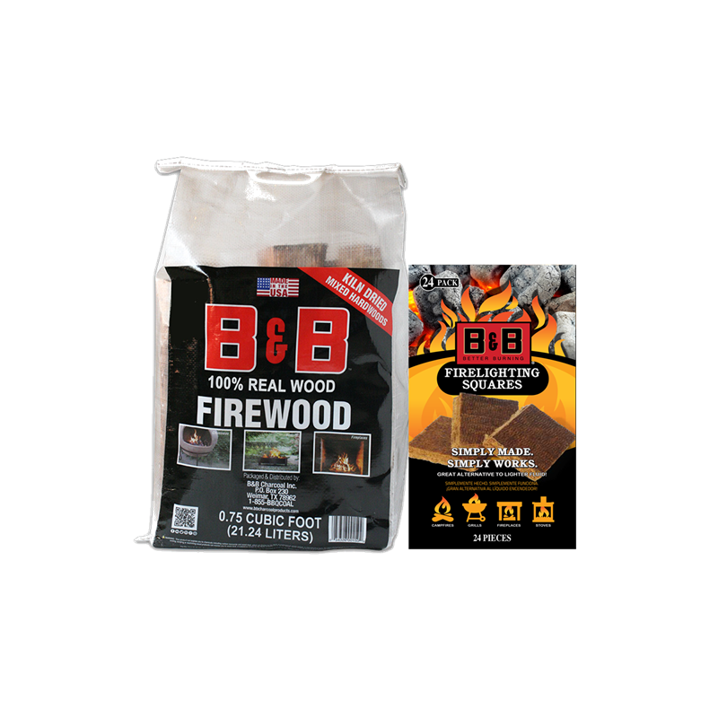 a bag of B&B firewood next to a box of B&B firelighting squares