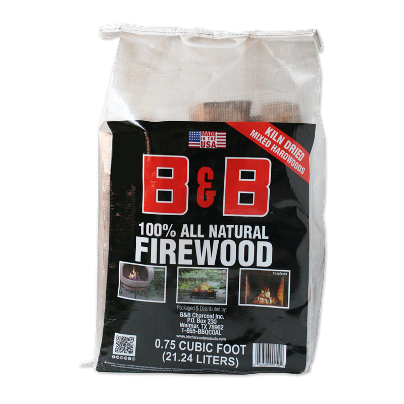 a bag of B&B 100 % all natural kiln dried firewood