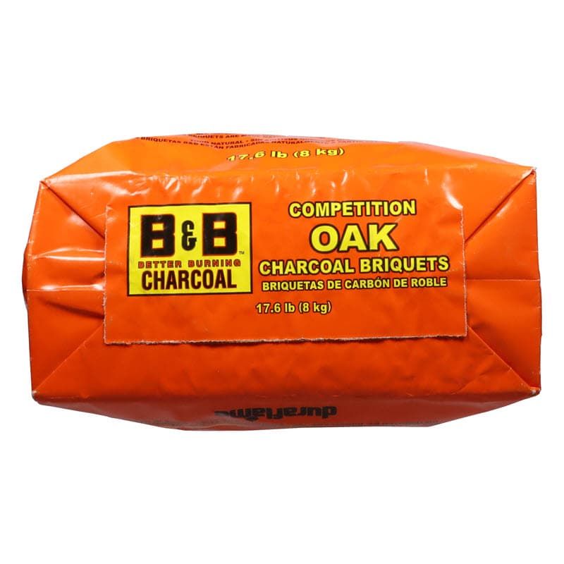 Bottom of bag of B&B Competition Oak Charcoal Briquets or charcoal briquette