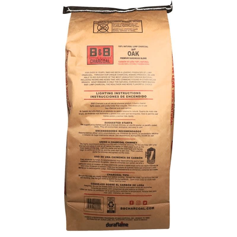 Back of bag of B&B Oak Premium Hardwood Lump Charcoal 20lb bag