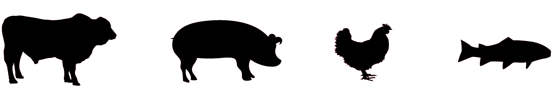 All season rub icon; Silhouettes of a cow, pig, chicken, and fish.