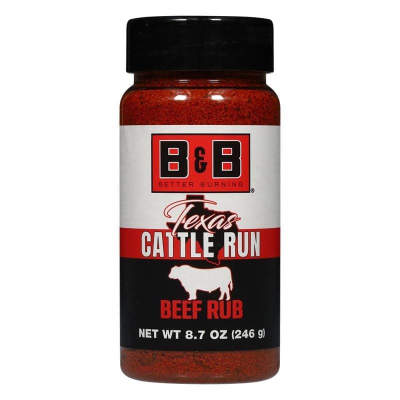 Bottle of B&B Texas Cattle Run beef rub, made with paprika spice