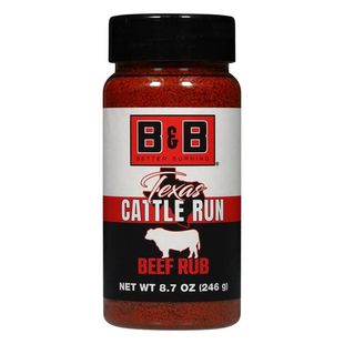 Bottle of B&B Texas Cattle Run beef rub with label showing a cow silhouette.