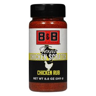 Bottle of B&B Texas Chicken Scratch chicken rub, with red, black, and white label.