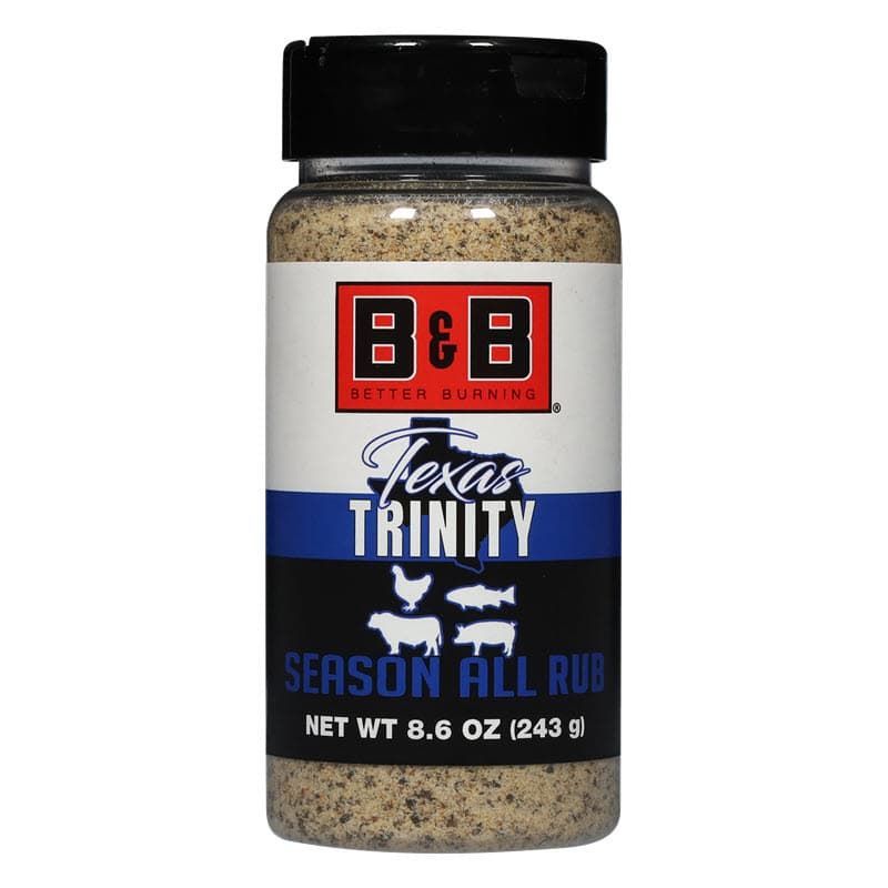 Bottle of B&B Texas Trinity Season All Rub; black lid, label with red, white, and blue bands, and illustrations of poultry and other meats.