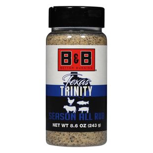 Bottle of B&B Texas Trinity seasoning rub with red, white, and blue label, net wt 8.6 oz.