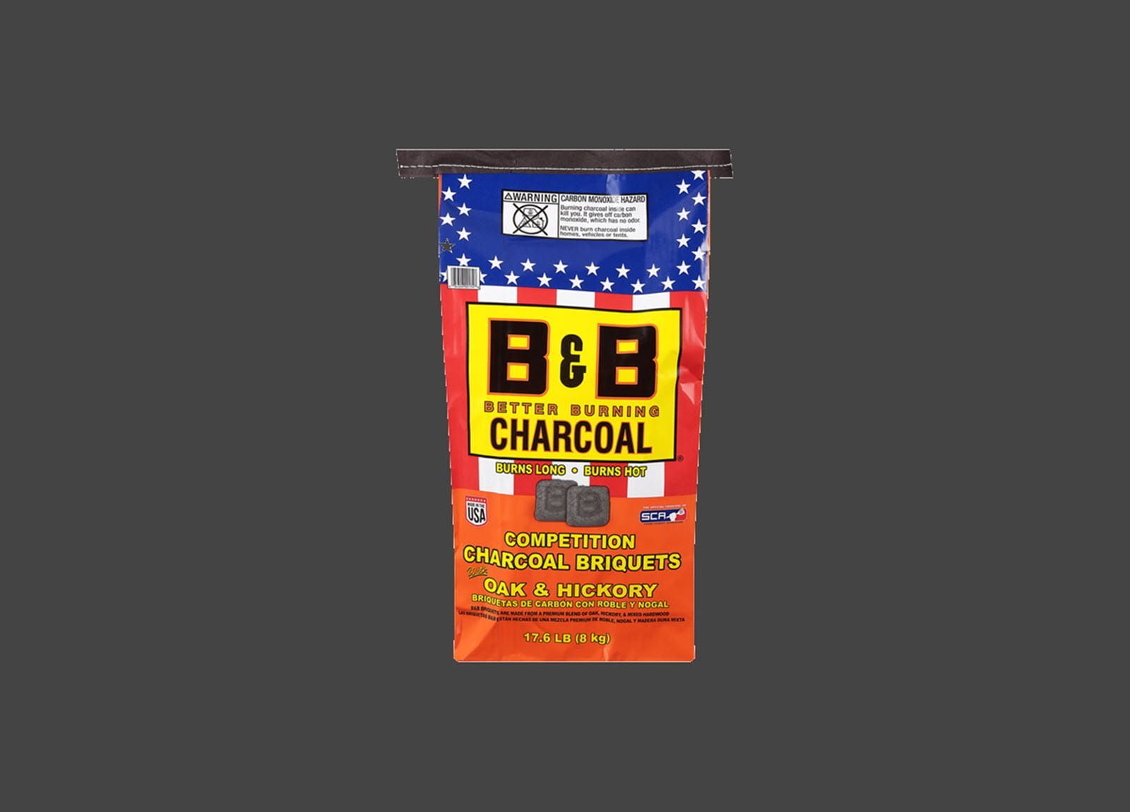 A bag of B&B Oak & Hickory competition charcoal briquets on a gray background