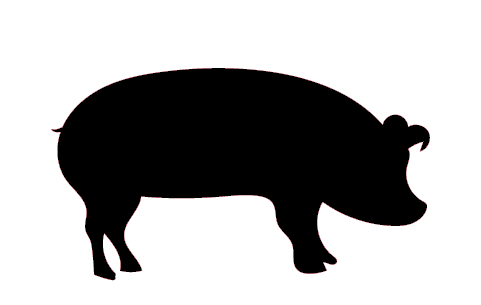 Pork Rub icon; Silhouette of a black pig standing on a white background.