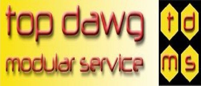 A yellow and red logo for top dawg modular service