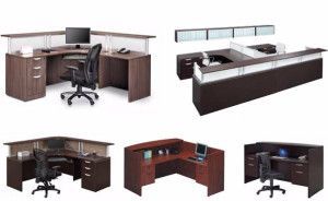 There are many different types of desks and chairs in this picture.