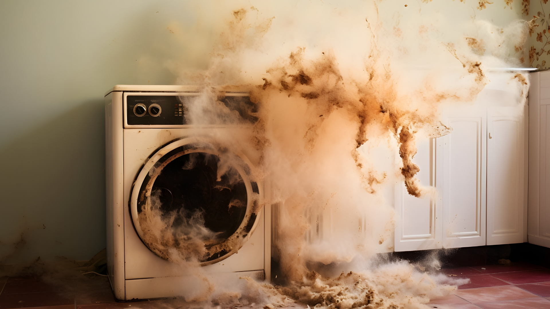 A washing machine with a lot of dust coming out of it.
