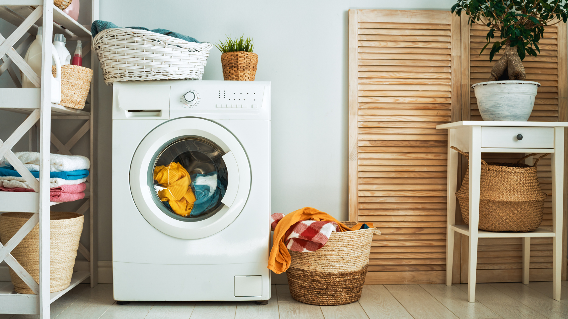 Washing machine in a bright laundry room with clothes, baskets, shelves, and plants.