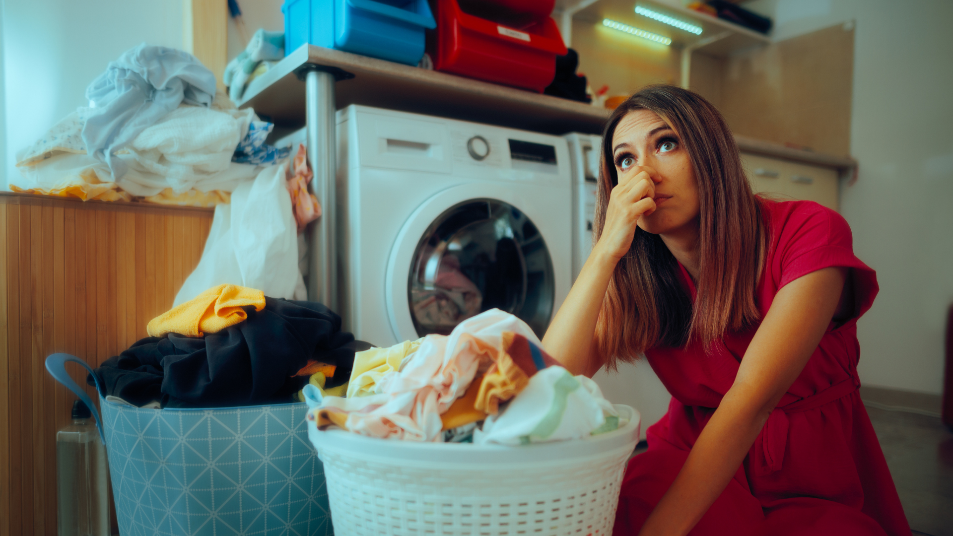 Woman in red dress sits by laundry basket, covering nose near washing machine, surrounded by clothes.