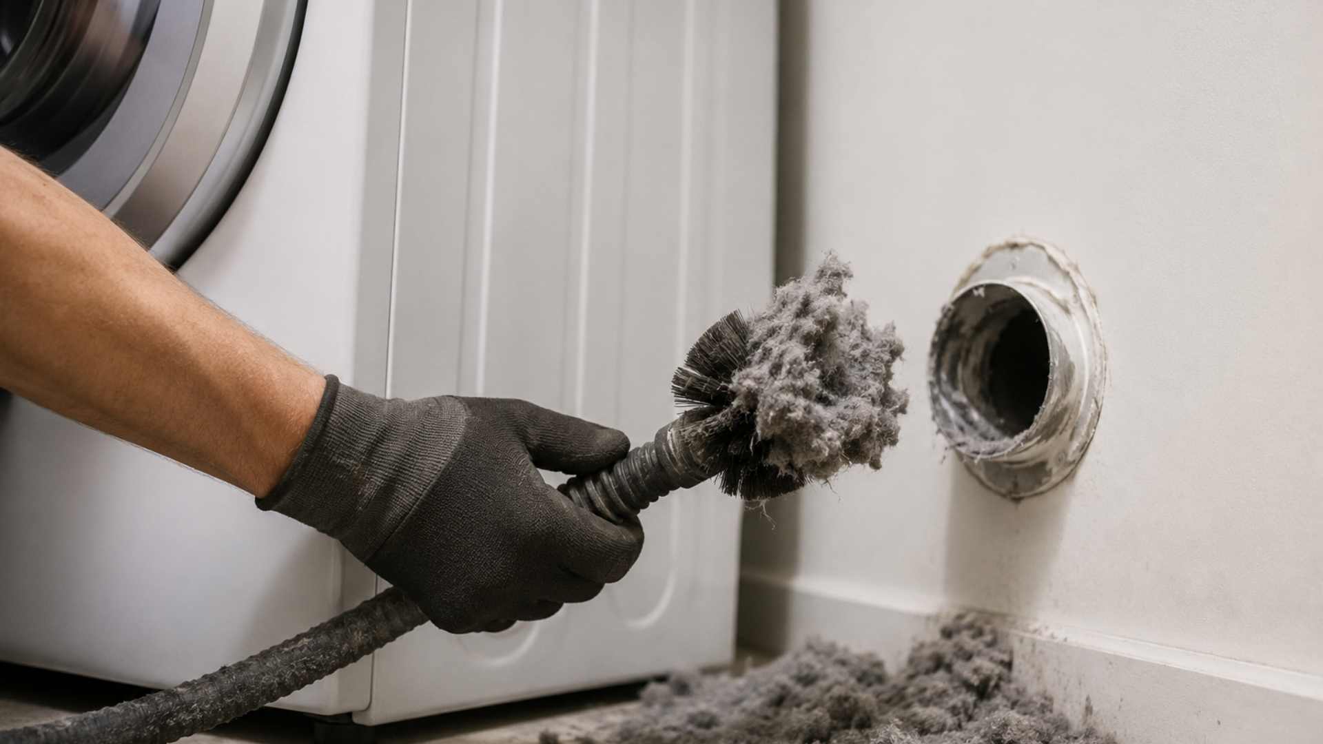 Gloved hand cleaning lint from a dryer vent with gray dust on the floor