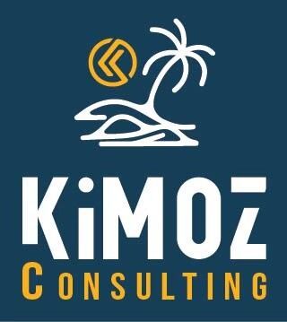 A logo for kimoz consulting with a palm tree on a blue background.