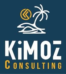 A logo for kimoz consulting with a palm tree on a blue background.