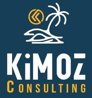 A logo for kimoz consulting with a palm tree on a blue background.