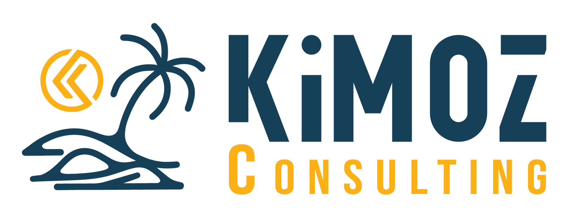 The logo for kimoz consulting has a palm tree and a sun on it.