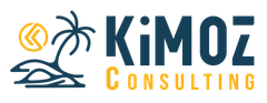 The logo for kimoz consulting has a palm tree and a sun on it.