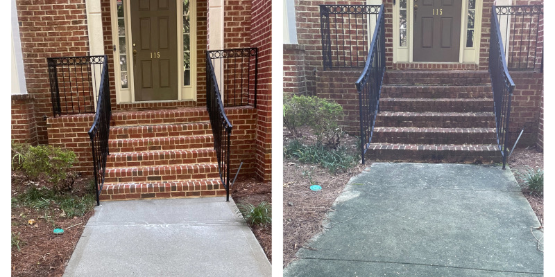 Two front entryways with brick steps: left with a smooth concrete ramp, right with a rougher patched ramp.