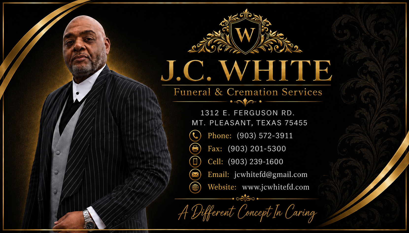 J.C. White funeral and cremation services ad with a man in a black suit on a gold-and-black background