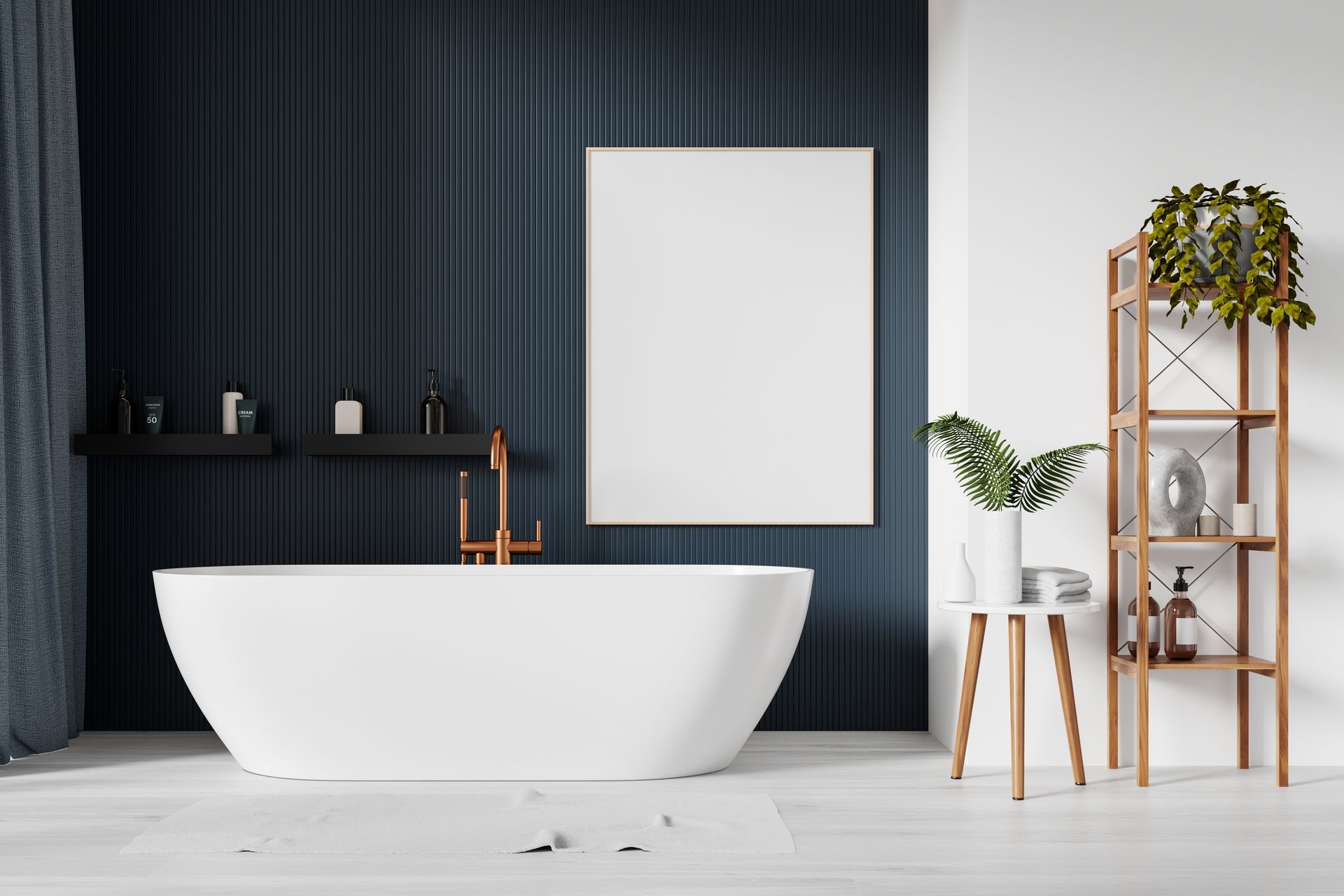 A bathroom with a bathtub and a picture on the wall.