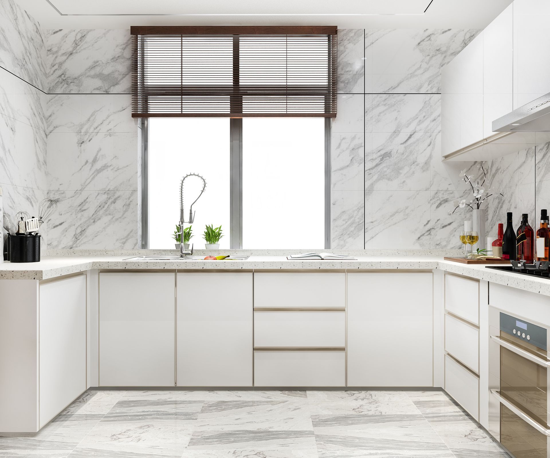A kitchen with white cabinets , a stove , a sink and a window.