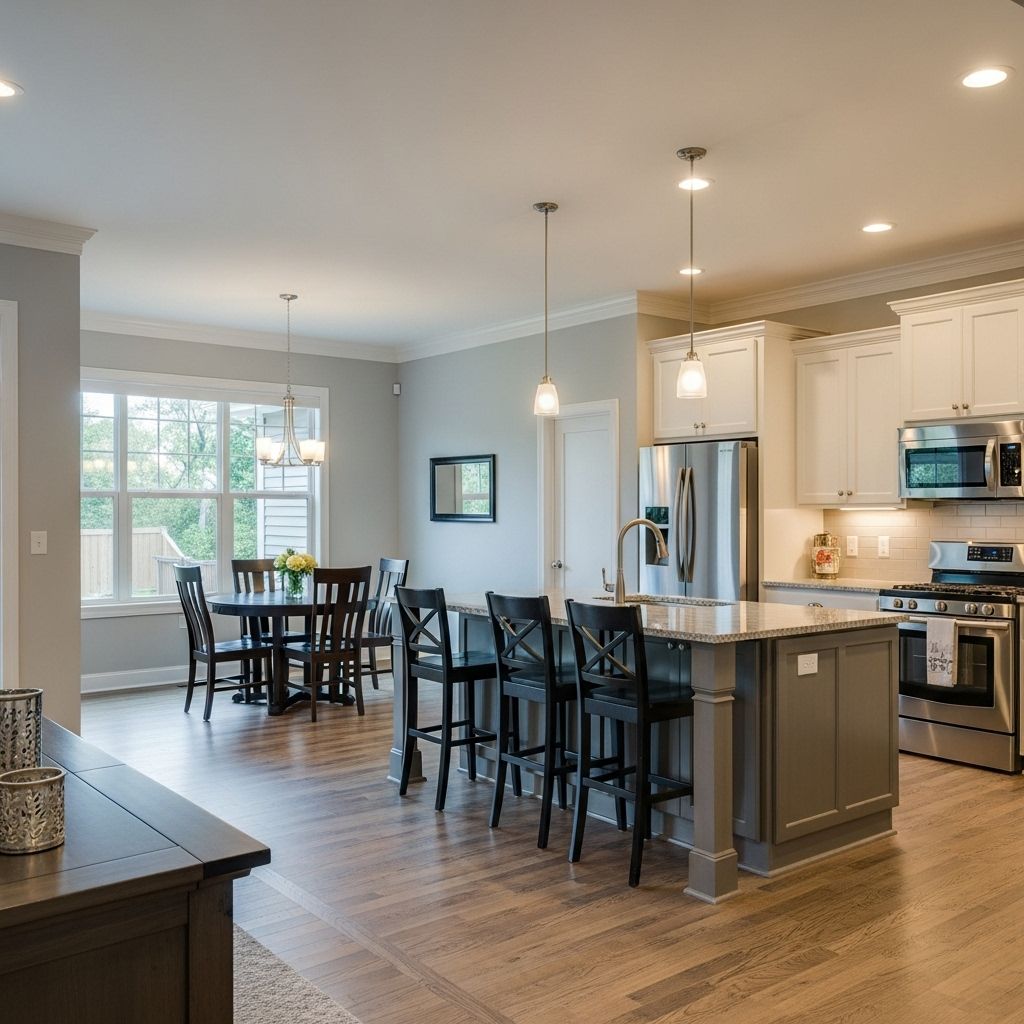 Kitchen and dining area with gray and white cabinets, stainless steel appliances, and wood flooring.