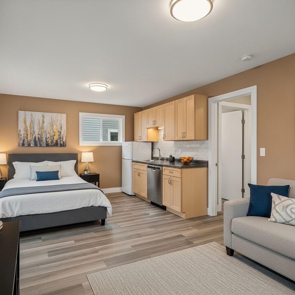 Studio apartment with bed, kitchenette, sofa, and wood-look flooring; neutral color scheme.