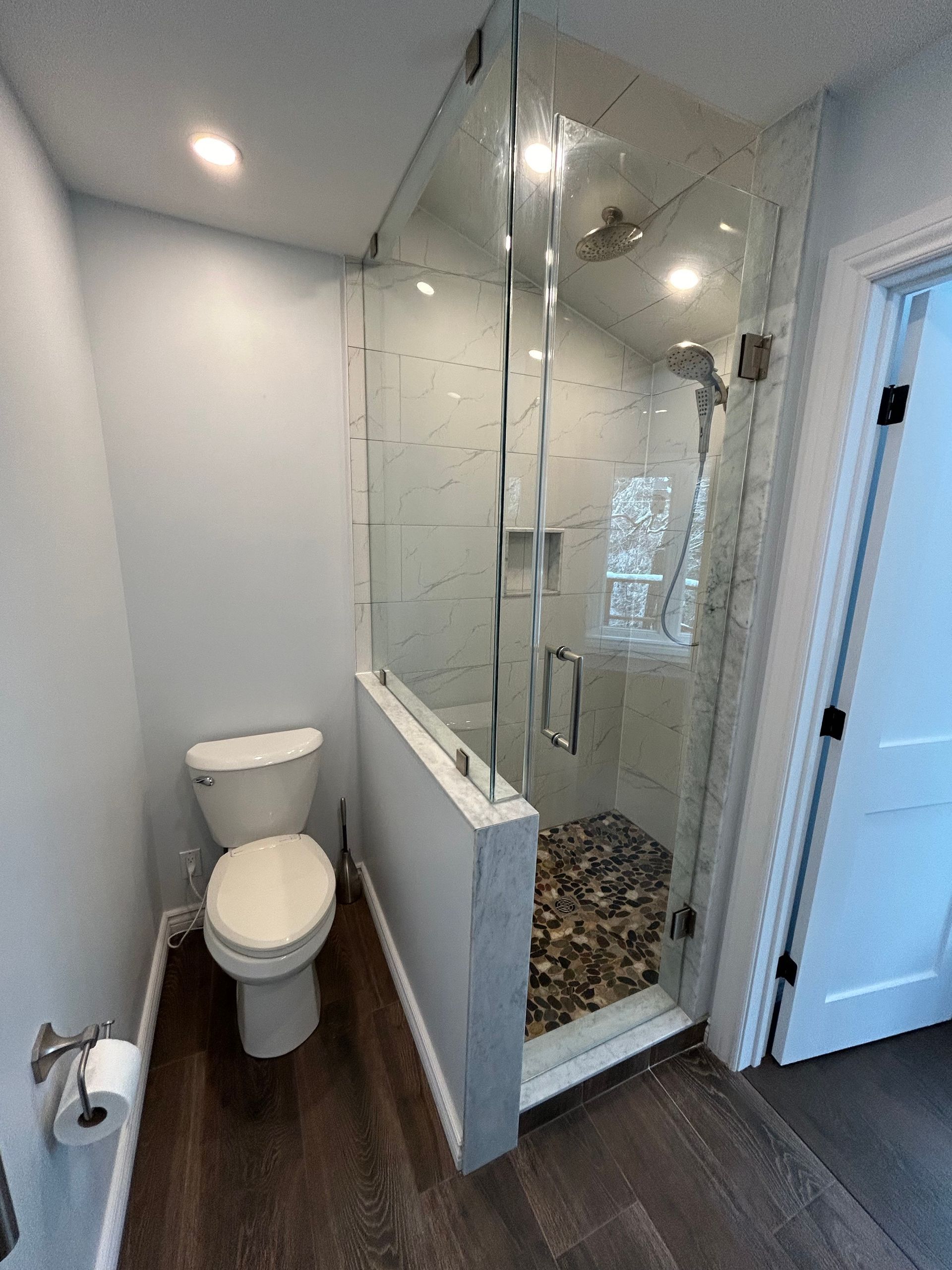 A bathroom with a toilet and a walk in shower.