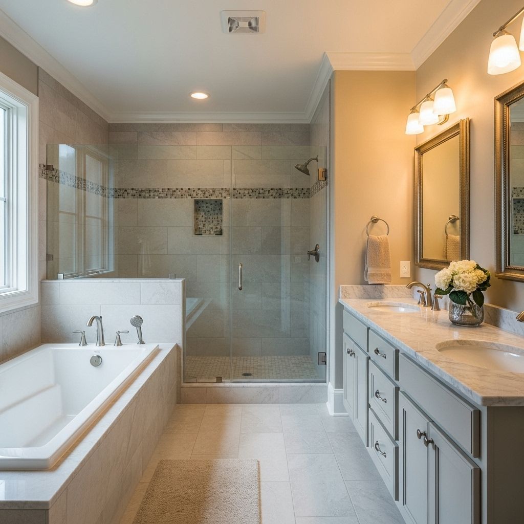Modern bathroom with a bathtub, glass shower, double sink vanity, and light-colored walls and floor.