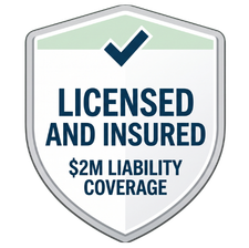 Shield badge reading “Licensed and Insured” with “$2M Liability Coverage” and a checkmark icon.