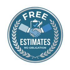 Blue circular badge reading “Free Estimates” and “No Obligation” with handshake icon.