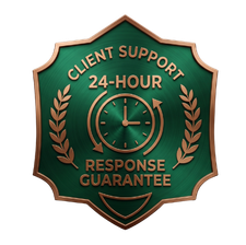 Blue badge reading “Client Support 24-Hour Response Guarantee” with clock icon and laurel branches