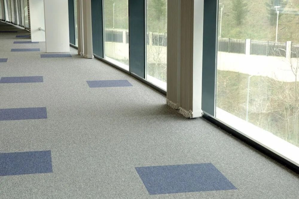 Office Interior With Grey Carpet, Blue Accents, and Large Windows — Ozwide Flooring In Ciccone, NT