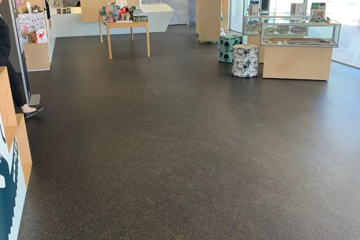Dark Brown Floor in a Shop. Display Cases and a Table With Items Are Visible — Ozwide Flooring In Ciccone, NT