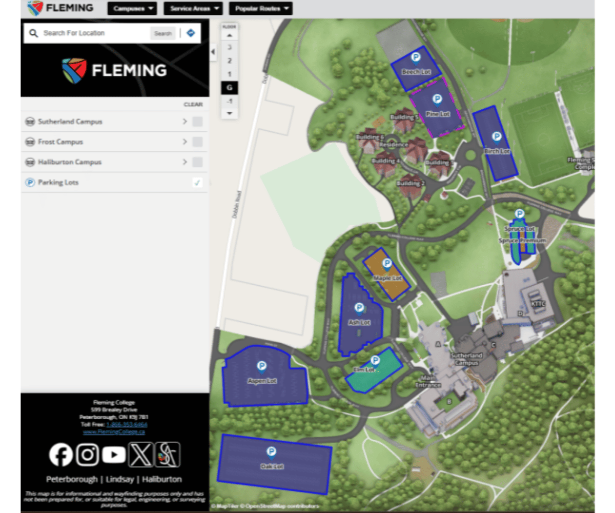 Interactive map of Fleming College's campus highlighting various numbered parking lots in blue, teal, and orange.