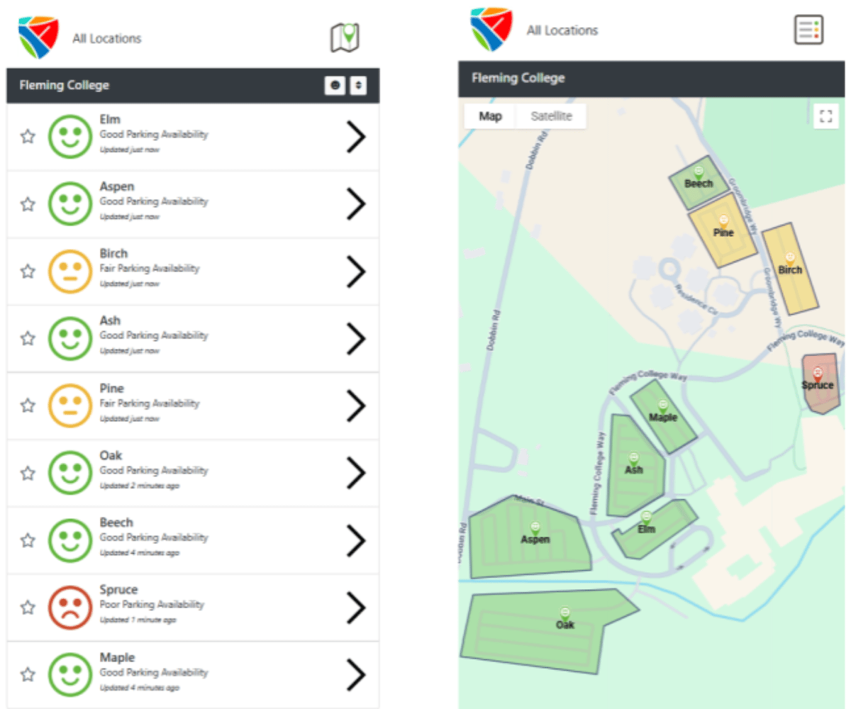 Mobile app interface showing parking availability at Fleming College through a list view and an interactive campus map.