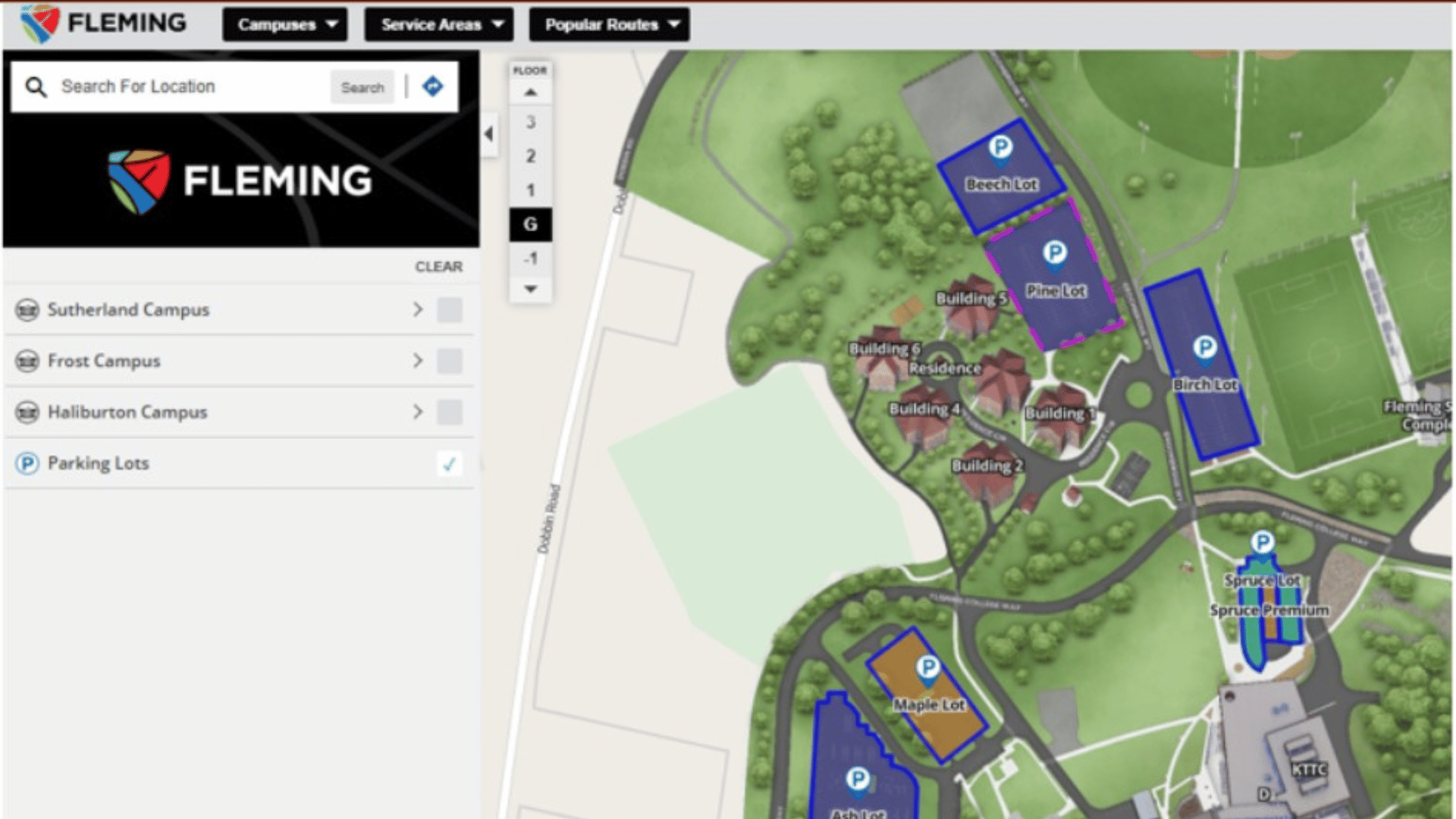 Interactive map of Fleming College campus showing building locations, parking lots, and a navigation menu.