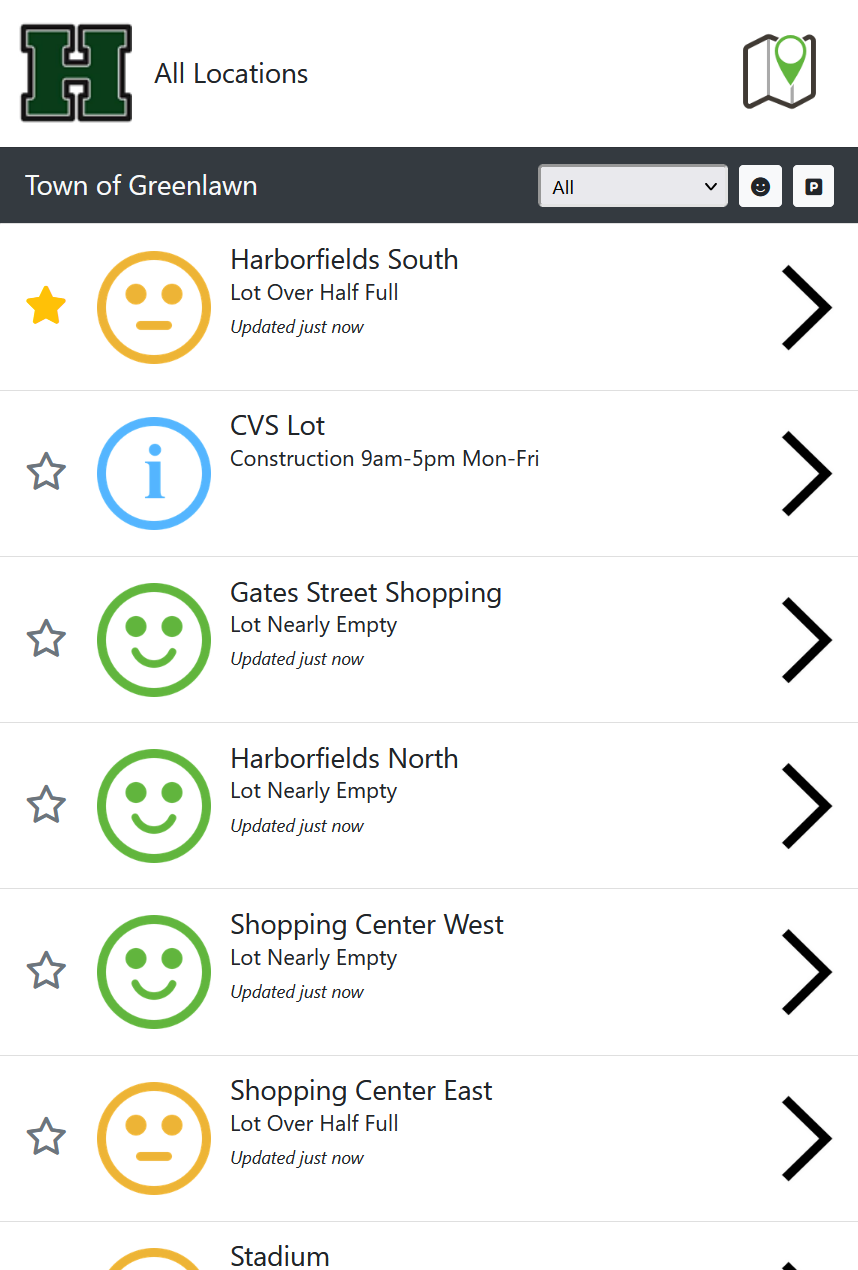 A screenshot of an example mPark website, that shows a favorited lot's availability, as well as several other lots that indicate they have medium parking availability, or unknown parking availability.