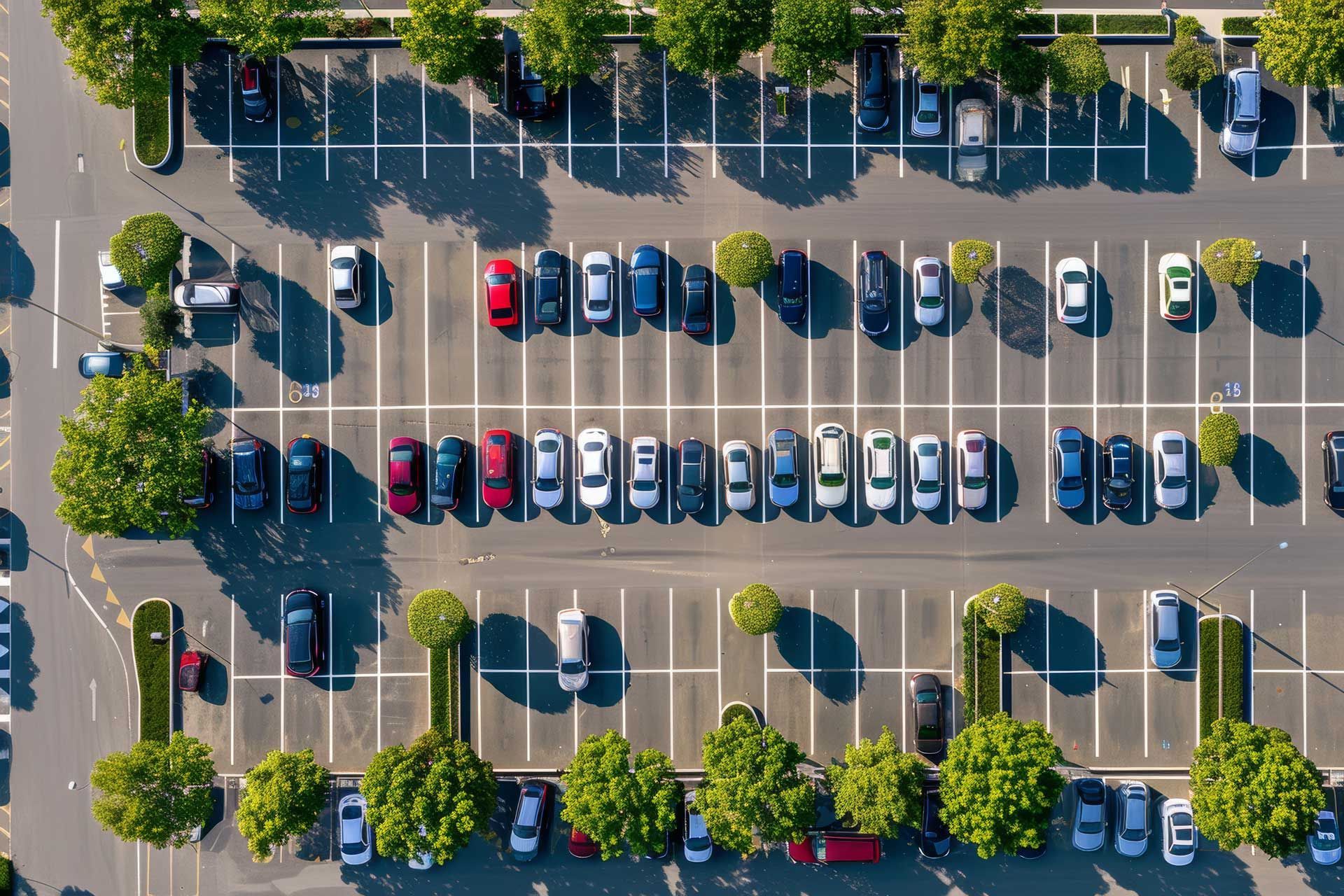 An aerial view of a parking lot filled with cars and trees.