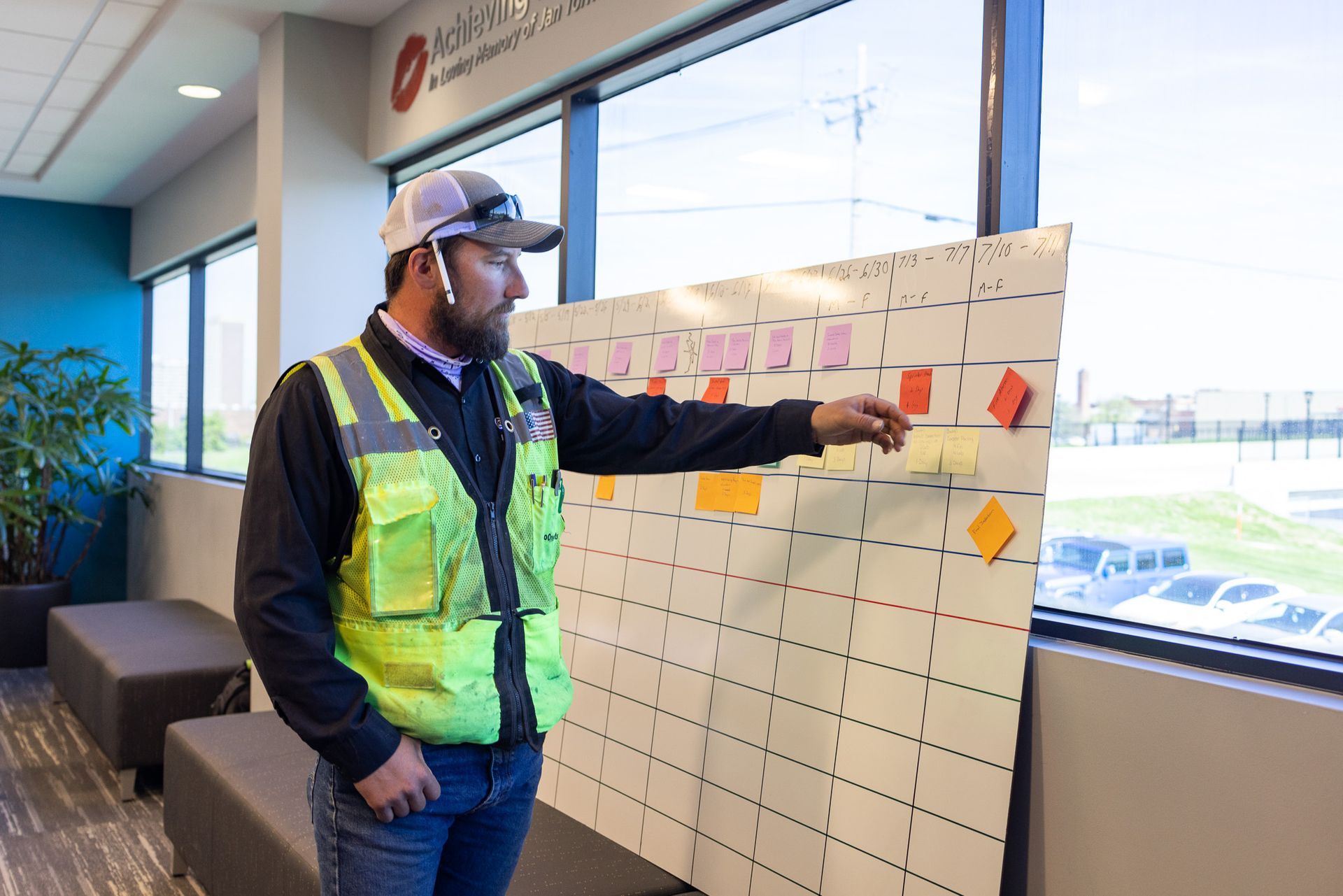 A man in a yellow vest is standing in front of a whiteboard with sticky notes on it.