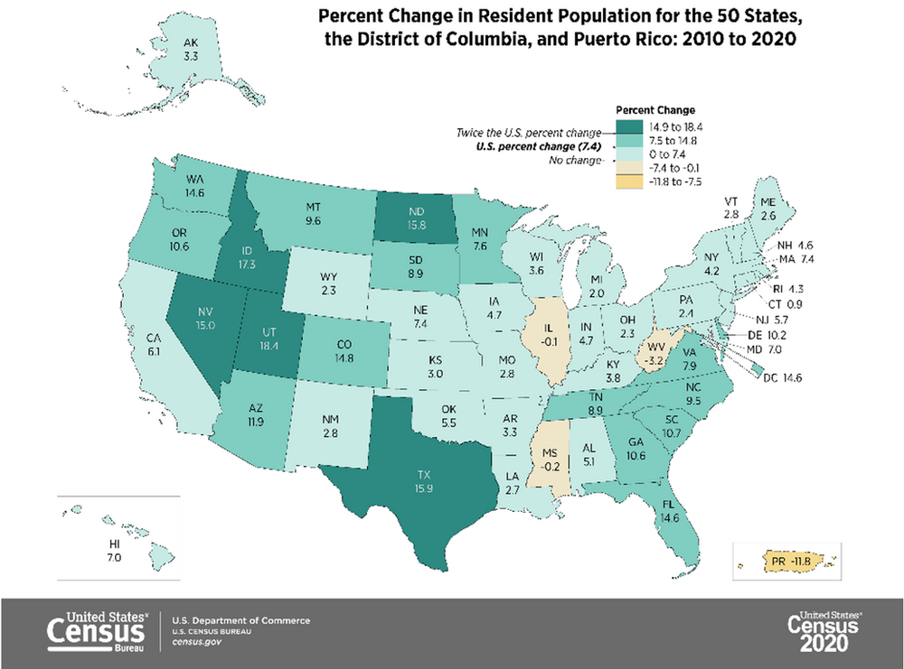 A map showing the percent change in resident population for the 50 states