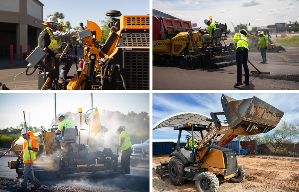 A collage of four pictures of construction workers working on a road.
