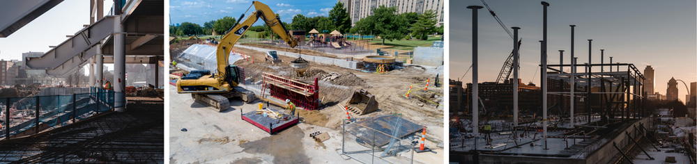 A collage of three pictures of a construction site.