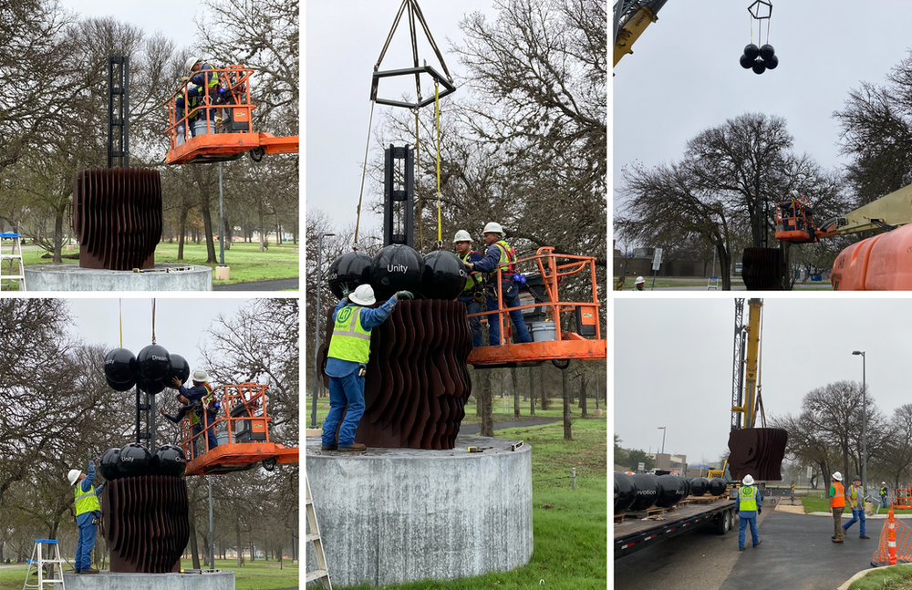 A collage of photos showing a statue being lifted by a crane