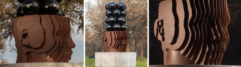 A collage of three pictures of a statue of a woman 's head