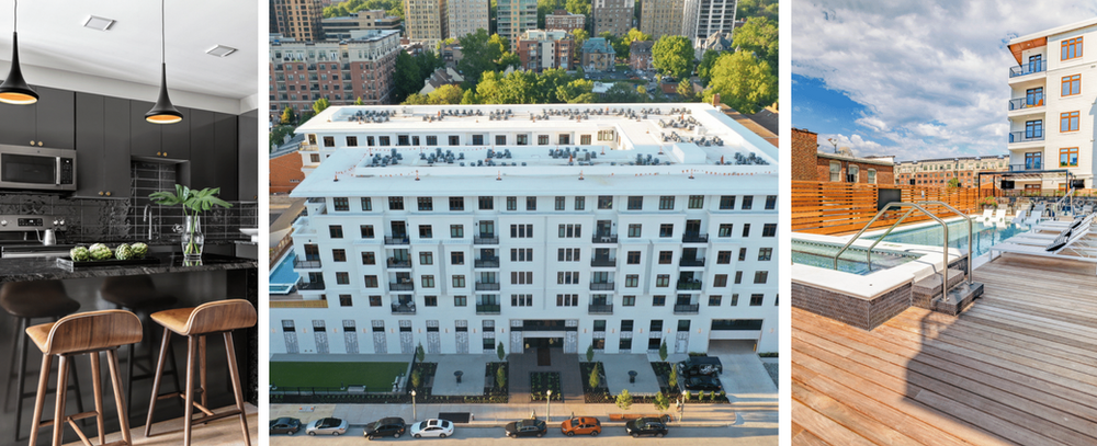 A collage of three pictures of a building , a kitchen , and a pool.