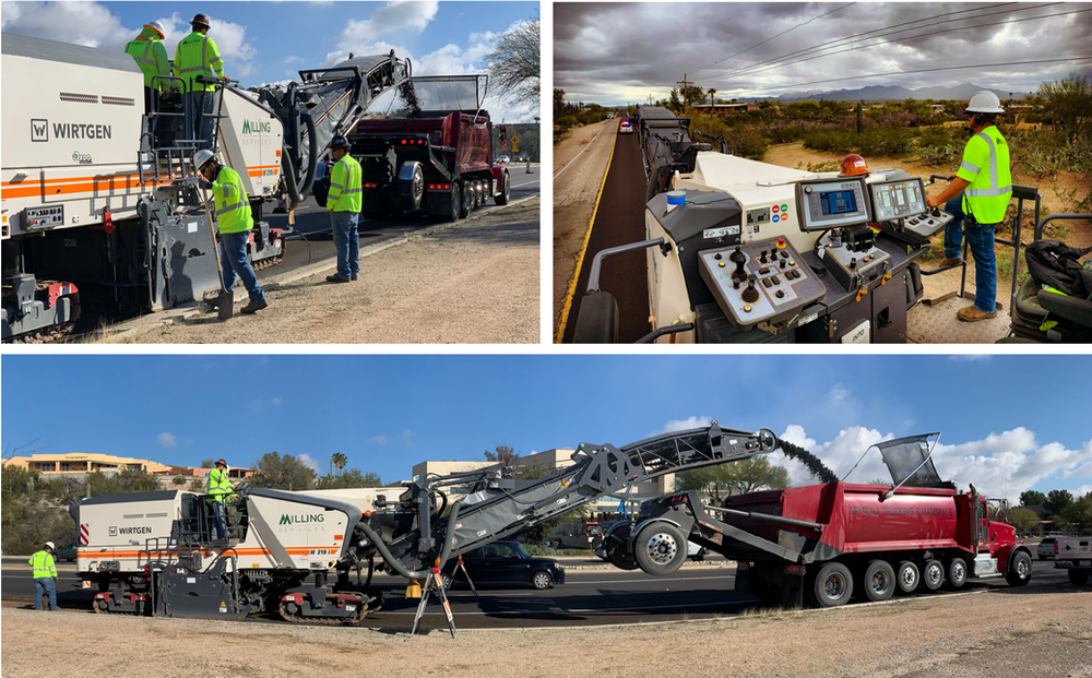 A collage of four pictures of a road being paved