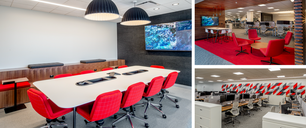A collage of three pictures of a conference room with a long table and red chairs.